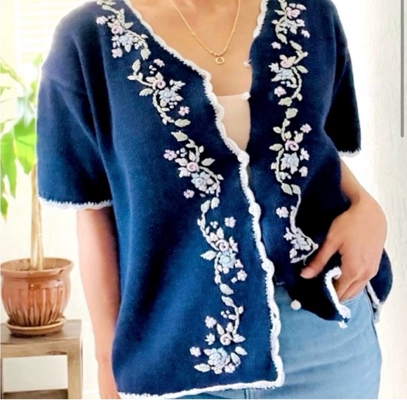 Vintage Embroidered Cardigan Sweater Top Cottagecore Coquette Floral medium - Picture 3 of 11